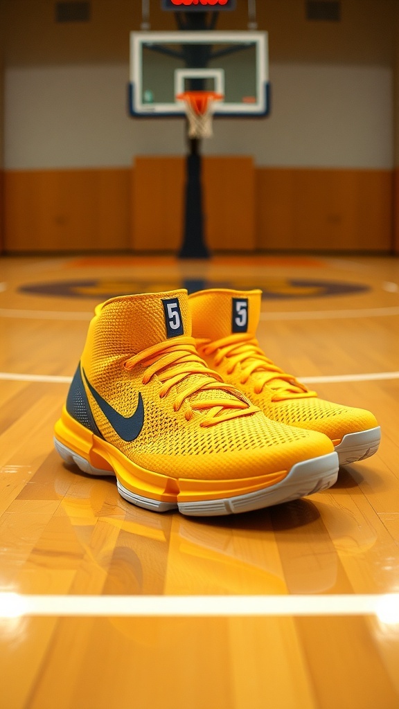 Curry 3 basketball shoes on a court with a hoop in the background.